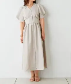 NICE CLAUP グレー 麻風パワショルワンピース