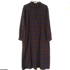 チェック柄シャツワンピース 茶、ネイビー