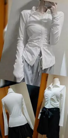 レディース・ストレッチ/長袖ブラウス【白・Ｓサイズ】新品