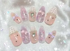 【一点限定】スナ系×ワンホン×量産型ネイル ピンク×パープルラメ×千鳥柄×リボン