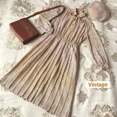 ⭐️レトロ古着　黄色　花柄　リボン　プリーツ　ワンピース⭐️昭和　ヴィンテージ 春