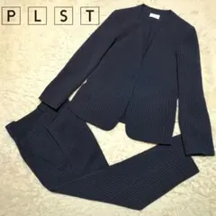 美品✨【洗える】PLST リネン混 ノーカラー パンツスーツセットアップ M PLST プラステ ノーカラージャケット セットアップ パンツスーツ 紺