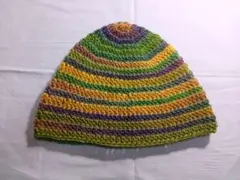 クラッシャーハット　バケットハット　手編みニット帽　グリーン　ウール100%