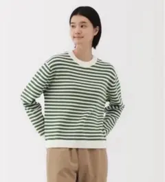 無印良品 洗えるワッフル編みクルーネックセーター ボーダー グリーン