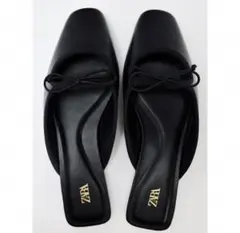 ZARA リボン付きレザーミュール フラット パンプス サンダル 38