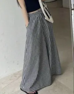 DAZY 春夏チェック柄ハイウエストワイドパンツ ゴムウエスト付き