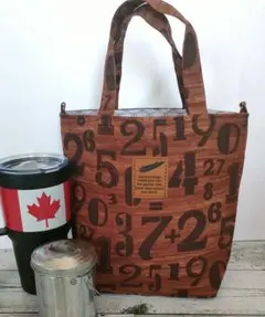 木目調の数字のミニトートバッグ！メンズトート！(ブラウン)内ポケット3個！