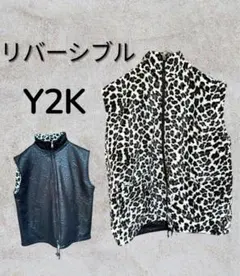 ベスト ヒョウ柄 Y2K 平成ギャル 2Way リバーシブル レザー調 古着