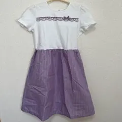 白と紫のストライプ 半袖ワンピース