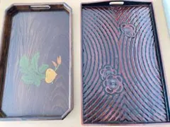 漆器トレイ 根菜イラスト 波紋模様　お盆 2枚セット