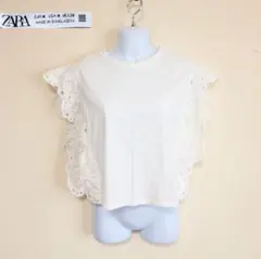 ZARA ザラ アイレットレース フリル袖 トップス Tシャツ ホワイト M