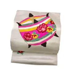 アンティーク帯 名古屋帯 刺繍 糸枠 牡丹に橘 真珠色 AO-3044