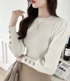 COCOMOMO パフスリーブニット 金ボタン付き　ホワイト　韓国ファッション