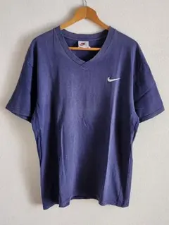 90s ナイキTシャツ 白タグ 刺繍ロゴ なす紺 サンフェード ヴィンテージ古着