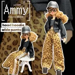 608 リカちゃん服　ショートフードパーカー×ライン入りヒョウ柄ワイドパンツ2点