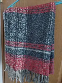 大判マフラー　厚手　チェック柄　青赤　中古　使用感有り