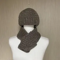 ハンドメイド ニット帽子 マフラー セット ブラウン