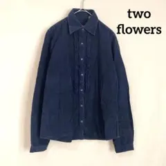 美品✨コーデュロイ長袖シャツ 紺 フロントフリル シンプル XS 小さいサイズ