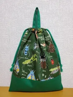 持ち手付き巾着袋 上靴入れ お道具袋 緑 昆虫図鑑 グリーン