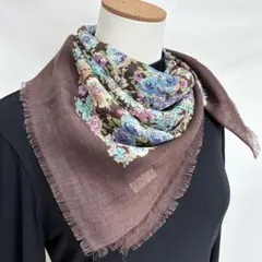 2-23.美品 フラワーモチーフ　薄手ウールショール　ブラウン系