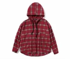 フード付きネルシャツ 赤と白チェック　Lサイズ