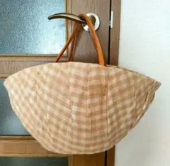 ベージュ系チェック かごバッグ 中型