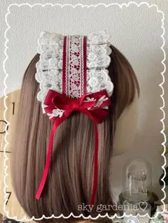 ♡ホワイトフリルレース 赤リボンローズ ヘッドドレスロリータ量産型ゴスロリ♡