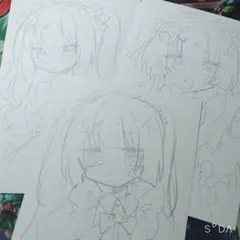 萌え絵　手描きイラスト　ポストカード　3枚セット