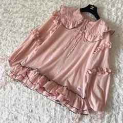 【あや企画】ハローサンフランシスコ 配色ステッチフリルチュニック　刺繍　ピンク