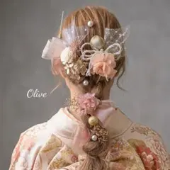 【再販】ヘッドドレス～ソラフラワーピーチリボン～髪飾り 卒業式 成人式 振袖