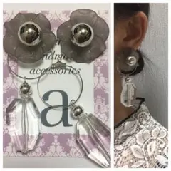 1120 2way☺︎くすみグレーとシルバーのフラワーピアス×フープクリア☺︎