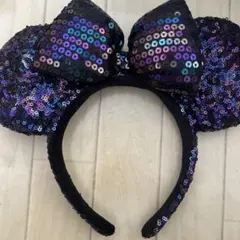 ミニーマウス スパンコール カチューシャ 黒 紫