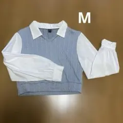 SHEIN ライトブルー　ケーブルニット　Vネック クロップドシャツ　M 韓国