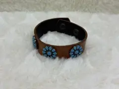 革ブレス ターコイズカラー お花のブレス 牛革 本革 レザークラフト