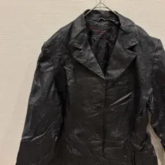 美品✨【L】黒レザージャケット 輸入古着 無地 シンプル ロングジャケット レア