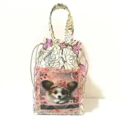 485】ハンドメイド★桜とパピヨン★マチあり巾着トートバッグ