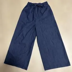 ダークブルー ワイドパンツ　デニム風　ガウチョパンツ