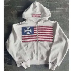 M グラフィックデザインパーカー ジップパーカー 海外ストリート ホワイト