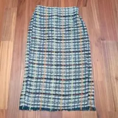 しまむら ニット チェック柄 フリンジ タイトスカート L