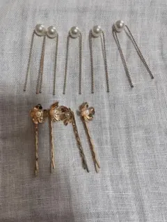 ヘアピンセットゴールド　ヘッドドレス　花　白　パール　髪飾り　結婚式　２次会