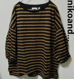 ニコアンド ボーダー ボリューム パフ袖 ロンT オーバーサイズド キャメル