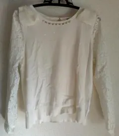 ・レディース イング 長袖 トップス 白 レース 胸元パール レーヨン