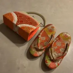 【訳あり】七五三　オレンジ×朱色　パステル　花柄　草履バックセット　17.5㎝