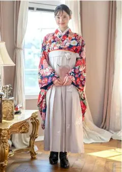 CC送料込み袴一体型着物ワンピース　華紺×白茶袴[D3]120㎝【M4230】