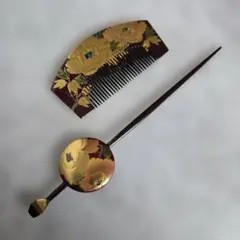 簪　櫛　平打ち　かんざし　漆塗　牡丹　蒔絵　髪飾り　和装小物　C7　アンティーク