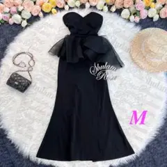 【即日発送】ビスチェ風♡異素材ティアード♡ブラックイブニングドレス♡M