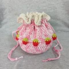 いちご　巾着　ミニ巾着　ポーチ　編み物　ハンドメイド　かぎ編み　コットン
