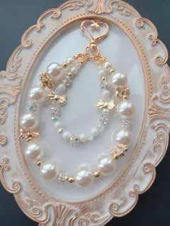 ハンドメイド パールリボンストラップ　ゴールド