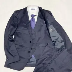 美品　スーツセレクト　シルク混スリーピーススーツ　リバーシブルベスト　ネイビー