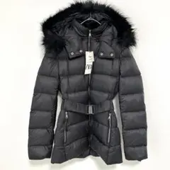 新品 ZARA フェイクファーフーデッドダウンコート ブラック